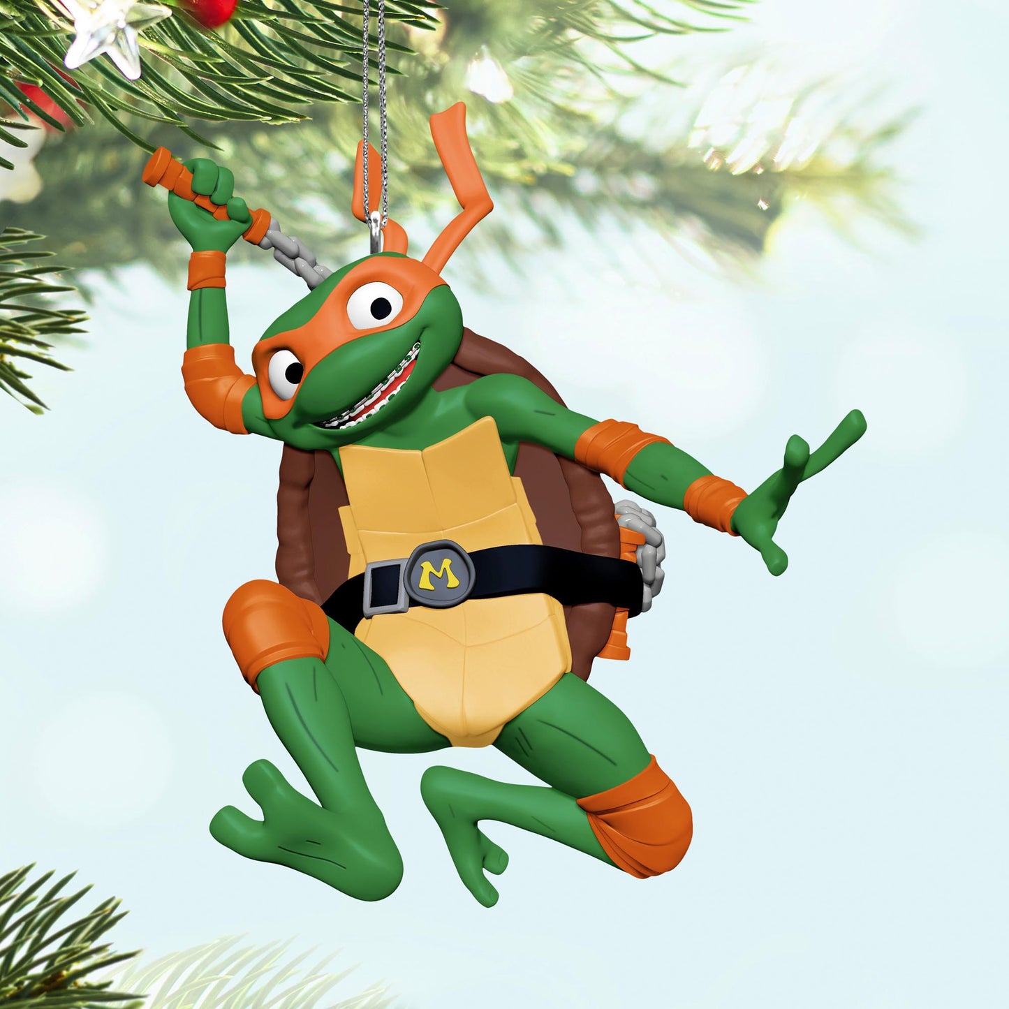 Teenage Mutant Ninja Turtles: Mutant Mayhem, Michelangelo — 2025 Hallmark Keepsake Christmas Ornament, dynamic pose, vibrant colours, hanging from a tree branch