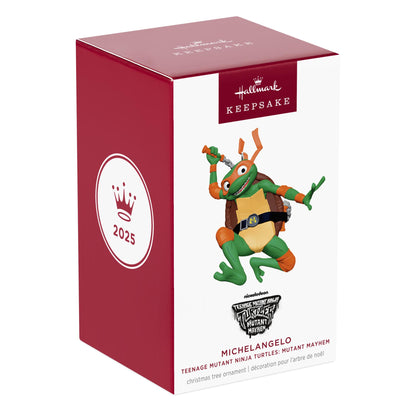 Teenage Mutant Ninja Turtles: Mutant Mayhem, Michelangelo — 2025 Hallmark Keepsake Christmas Ornament in packaging with vibrant design.