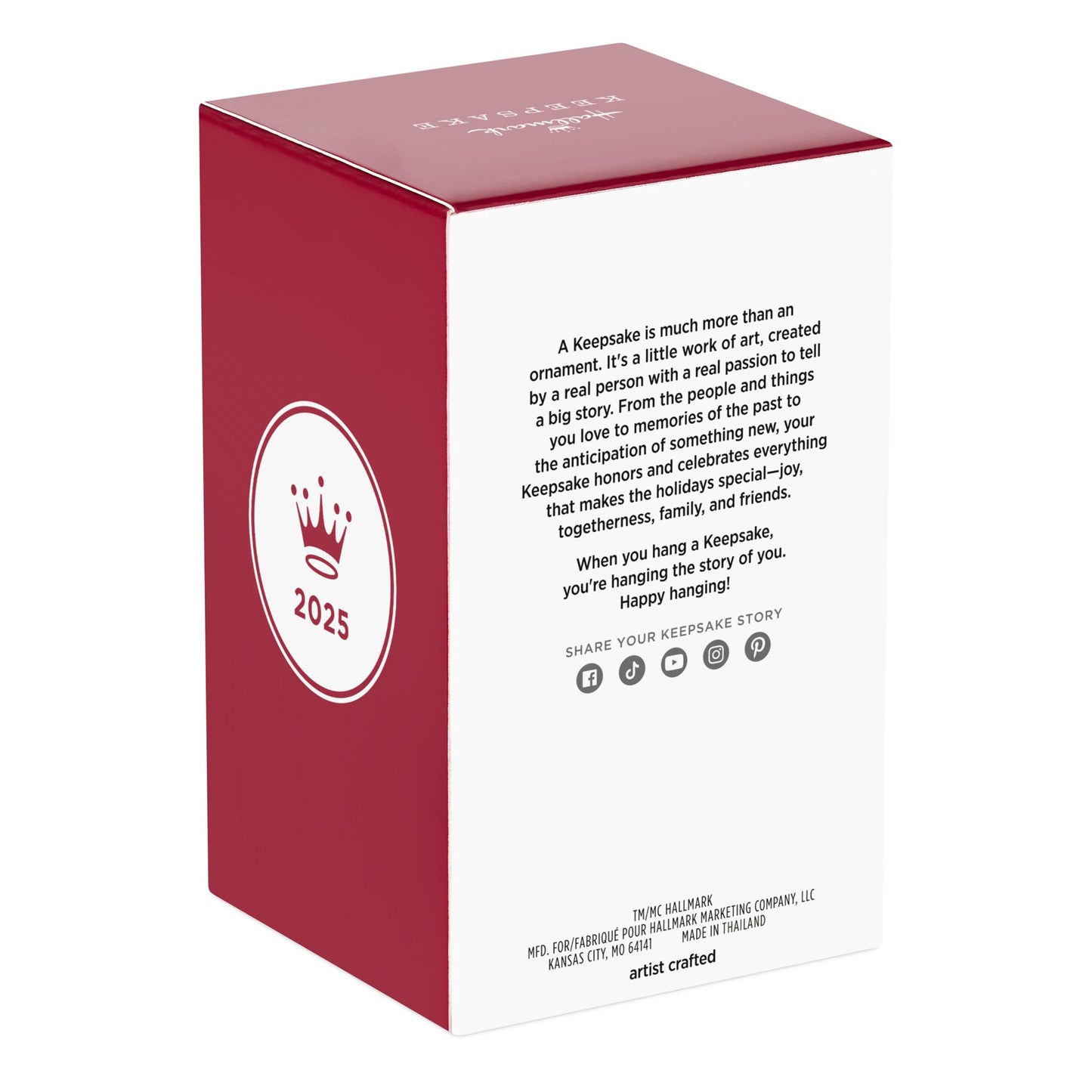 Hallmark Keepsake Christmas ornament packaging featuring artist’s note, red box with detailed description, 2025 edition.