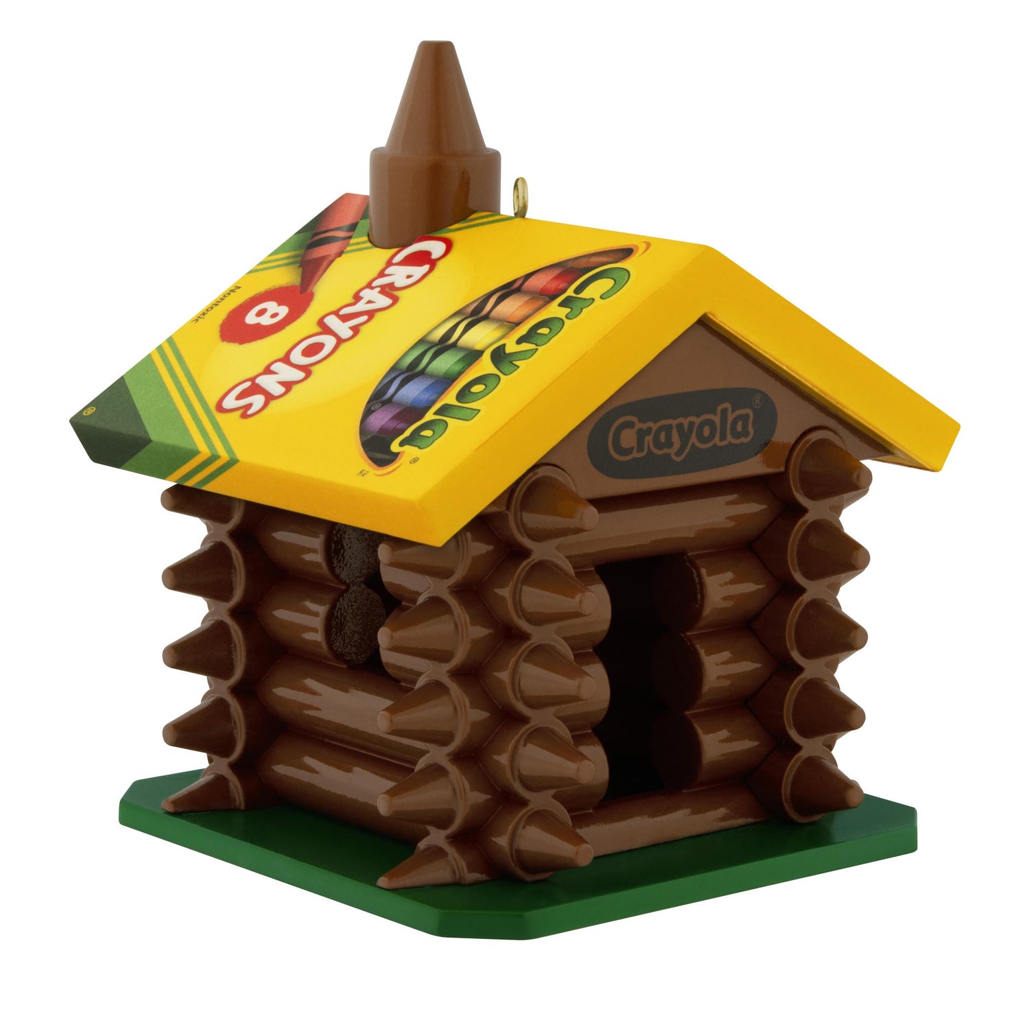 Crayola®, Colourful Log Cabin — 2025 Hallmark Keepsake Christmas Ornament made from brown crayons with a colourful roof, angled view