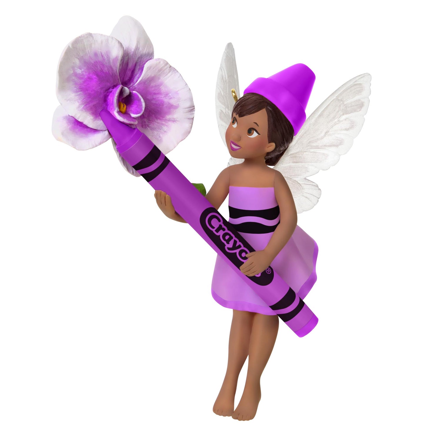 Crayola®, Orchid Fairy — 2025 Hallmark Keepsake Christmas Ornament in a pink dress holding a crayon and flower, showcasing iridescent wings.