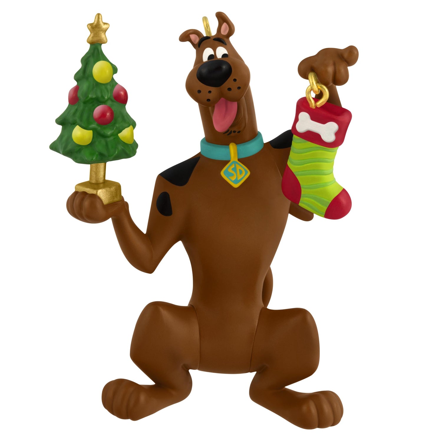 Scooby-Doo™ Festive Scooby — 2025 Hallmark Keepsake Christmas Ornament, featuring Scooby holding a mini Christmas tree and a stocking in vibrant colours.