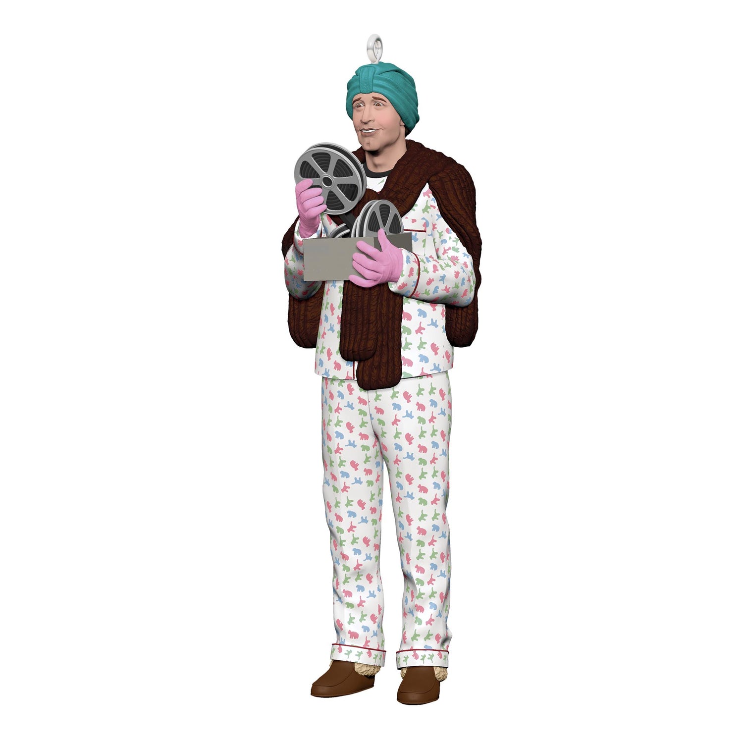National Lampoon's Christmas Vacation, Clark's Christmas Memories — 2025 Hallmark Keepsake Christmas Ornament in colourful pyjamas with movie reels, front view.