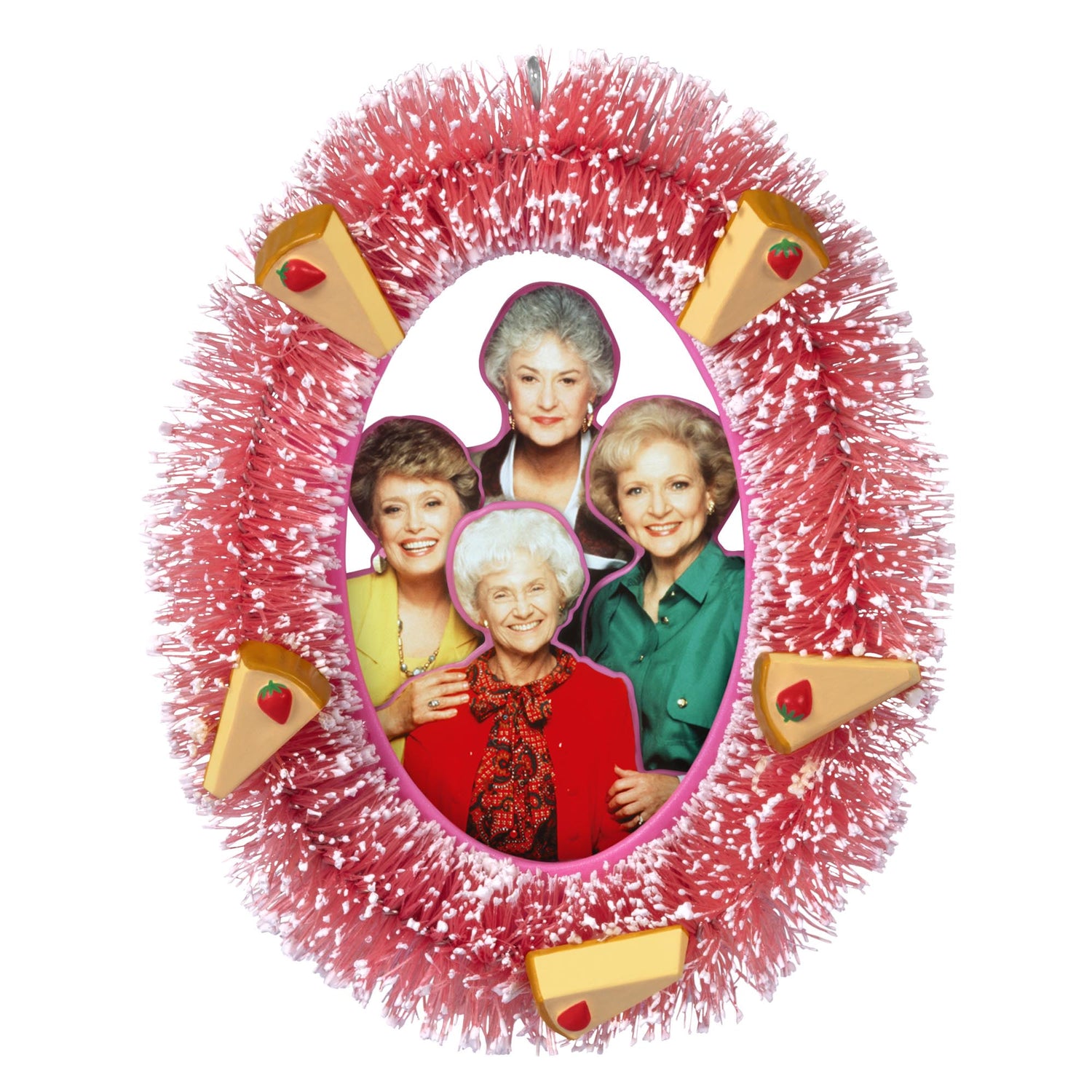 The Golden Girls, 40 Years of Friendship — 2025 Hallmark Keepsake Christmas Ornament featuring a framed image of Rose, Dorothy, Blanche, and Sophia with pink tinsel.