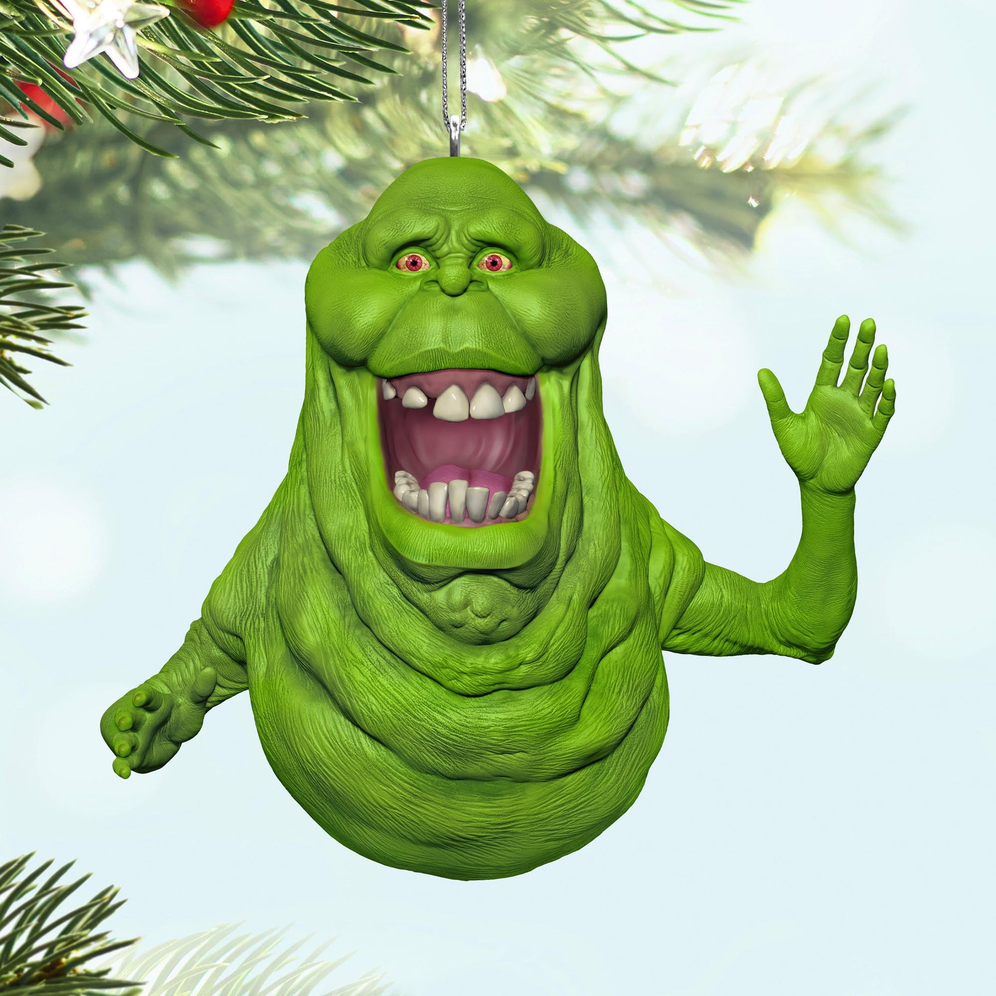 Ghostbusters™, Slimer — 2025 Hallmark Keepsake Christmas Ornament, green, detailed figure, hanging from a Christmas tree branch