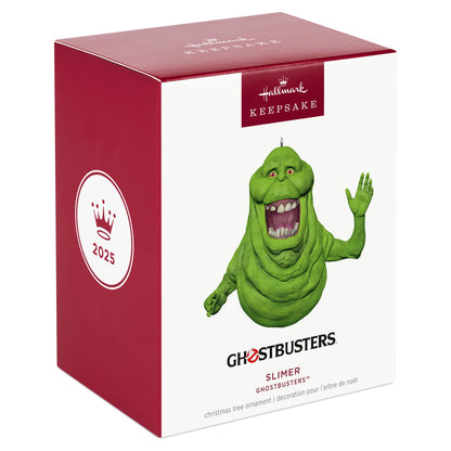 Ghostbusters™, Slimer — 2025 Hallmark Keepsake Christmas Ornament packaging box in red and white, featuring a smiling green ghost character.