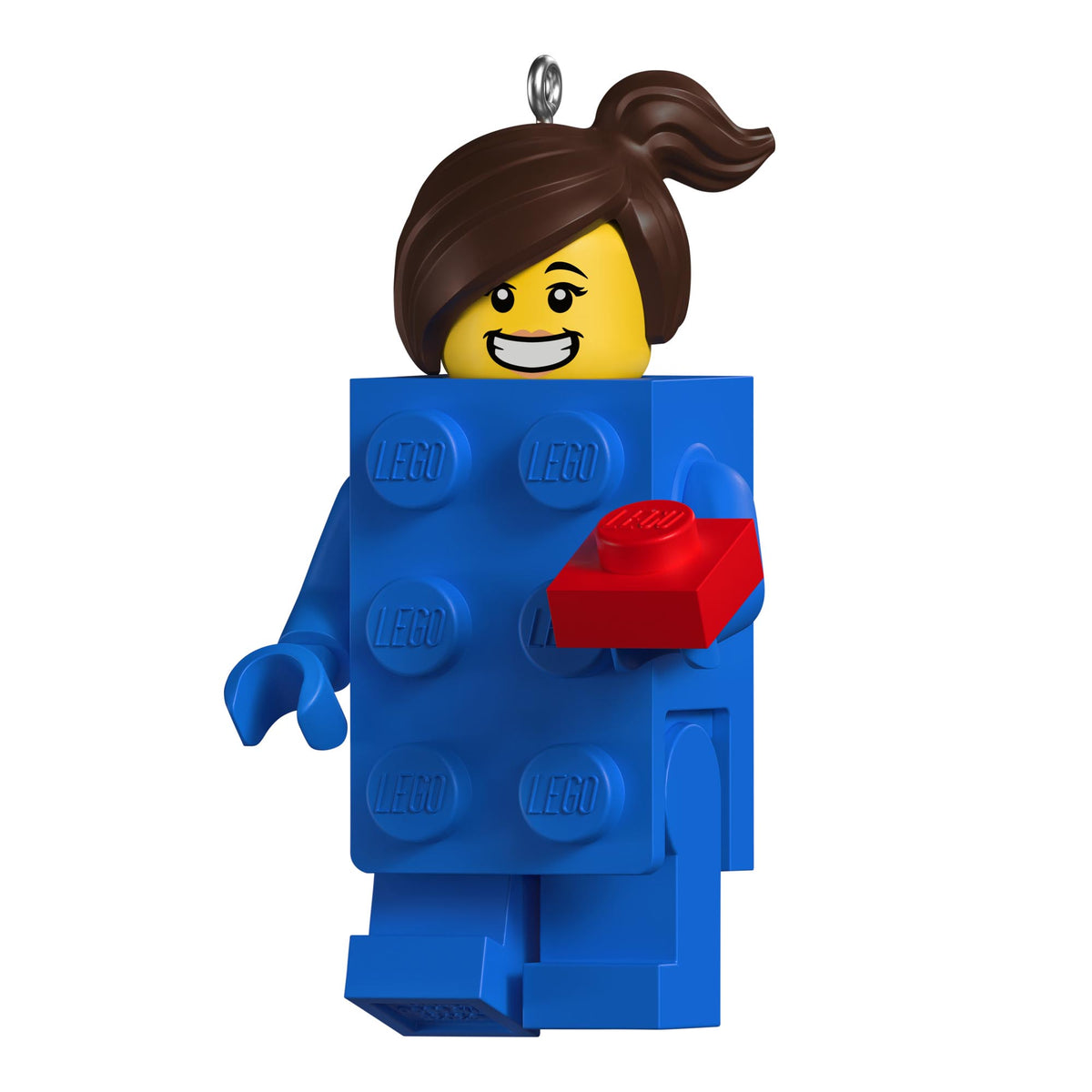 LEGO® Minifigure, Brick Suit Girl — 2025 Hallmark Keepsake Christmas Ornament, blue block body, holding a red brick, angled view.