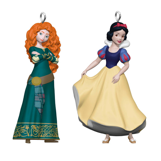 Disney Princess, Merida and Snow White Ornaments, Set of 2 (Miniature) — brightly coloured decorations showing characters' vibrant attire