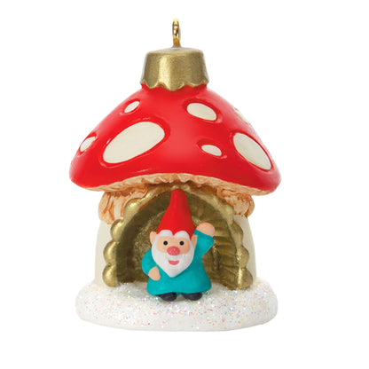 A World Within (Miniature) — Hallmark Keepsake Christmas Ornament featuring a smiling gnome in front of a whimsical mushroom hut with glitter accents.
