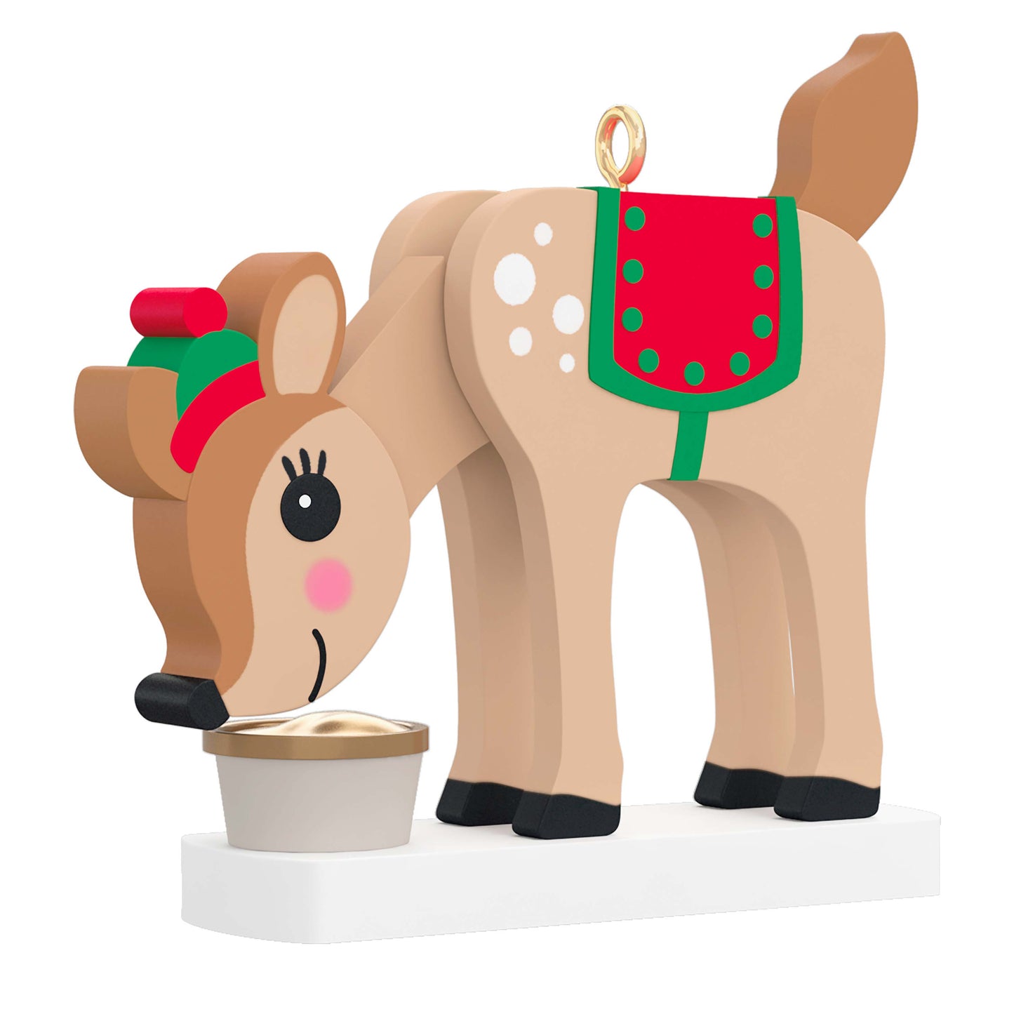 Season's Snackings (Miniature) — Hallmark Keepsake Christmas Ornament featuring a playful reindeer with a festive saddle, munching from a pail.