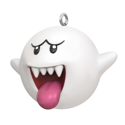 Nintendo Super Mario™ Boo (Miniature) — Hallmark Keepsake Christmas Ornament, plastic, white ghost design with pink tongue, close-up view.