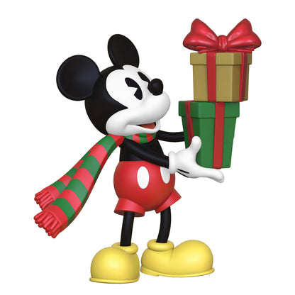 Disney Mickey Mouse, Mickey's Special Delivery (Miniature) — Hallmark Keepsake Christmas Ornament, festive Mickey holding gift boxes with a red and green scarf.