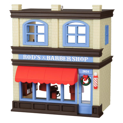 Nostalgic Houses and Shops Rod's Barbershop — Hallmark Keepsake Christmas Ornament featuring a festive exterior, with a wreath and barber pole.