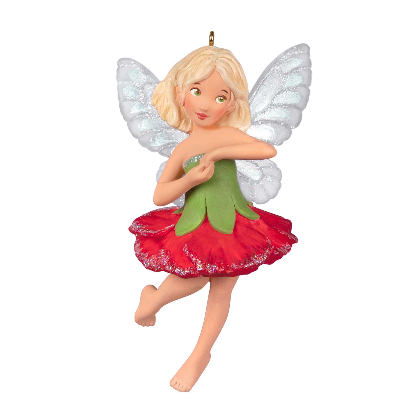 Fairy Messengers Carnation Fairy — Hallmark Keepsake Christmas Ornament with glittery wings and floral dress, angled view