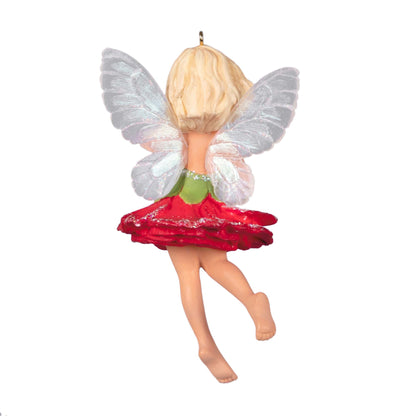 Fairy Messengers Carnation Fairy — Hallmark Keepsake Christmas Ornament in a vibrant red flower petal dress with sparkly wings.