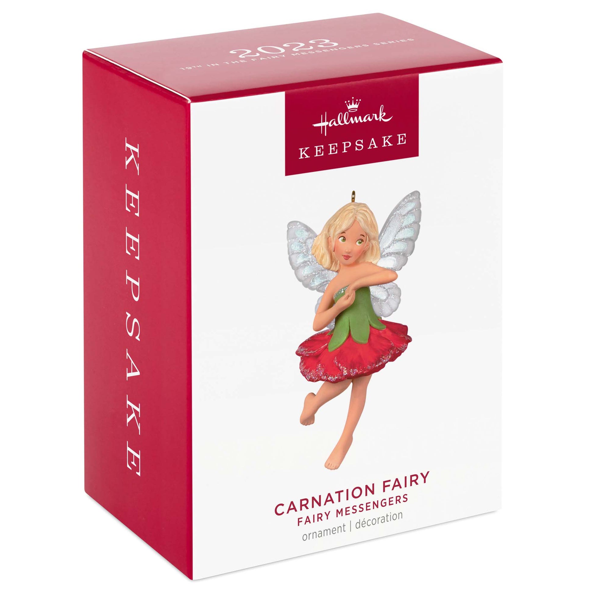 Fairy Messengers Carnation Fairy — Hallmark Keepsake Christmas Ornament in box packaging, showcasing the pixie's vibrant flower dress and glittery wings.