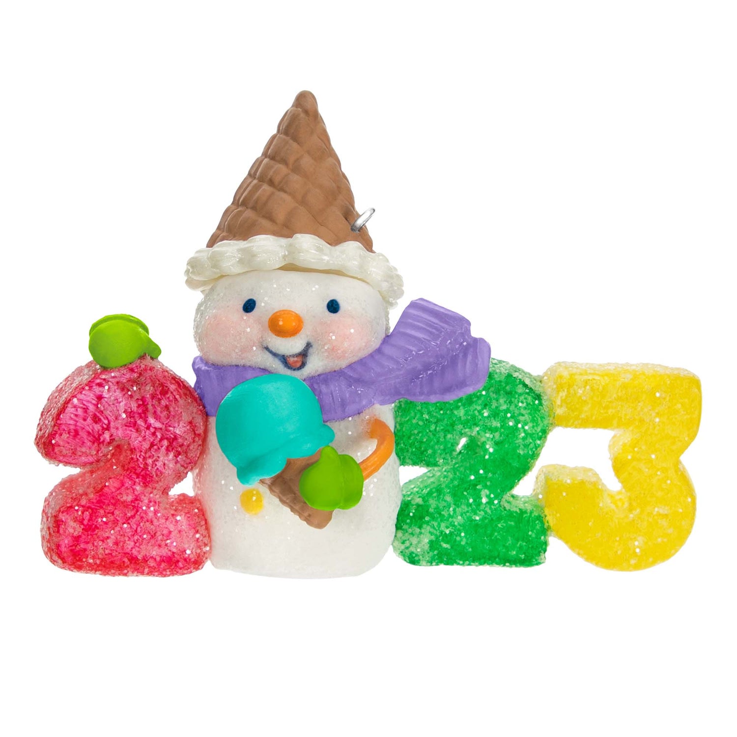 Sweet Decade — Hallmark Keepsake Christmas Ornament featuring a snowman with an ice cream cone and gumdrop numbers 2023, brightly coloured, 3D decoration.
