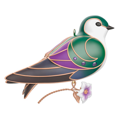 The Beauty of Birds, Violet-Green Swallow — Hallmark Keepsake Christmas Ornament in green and purple with flower detail