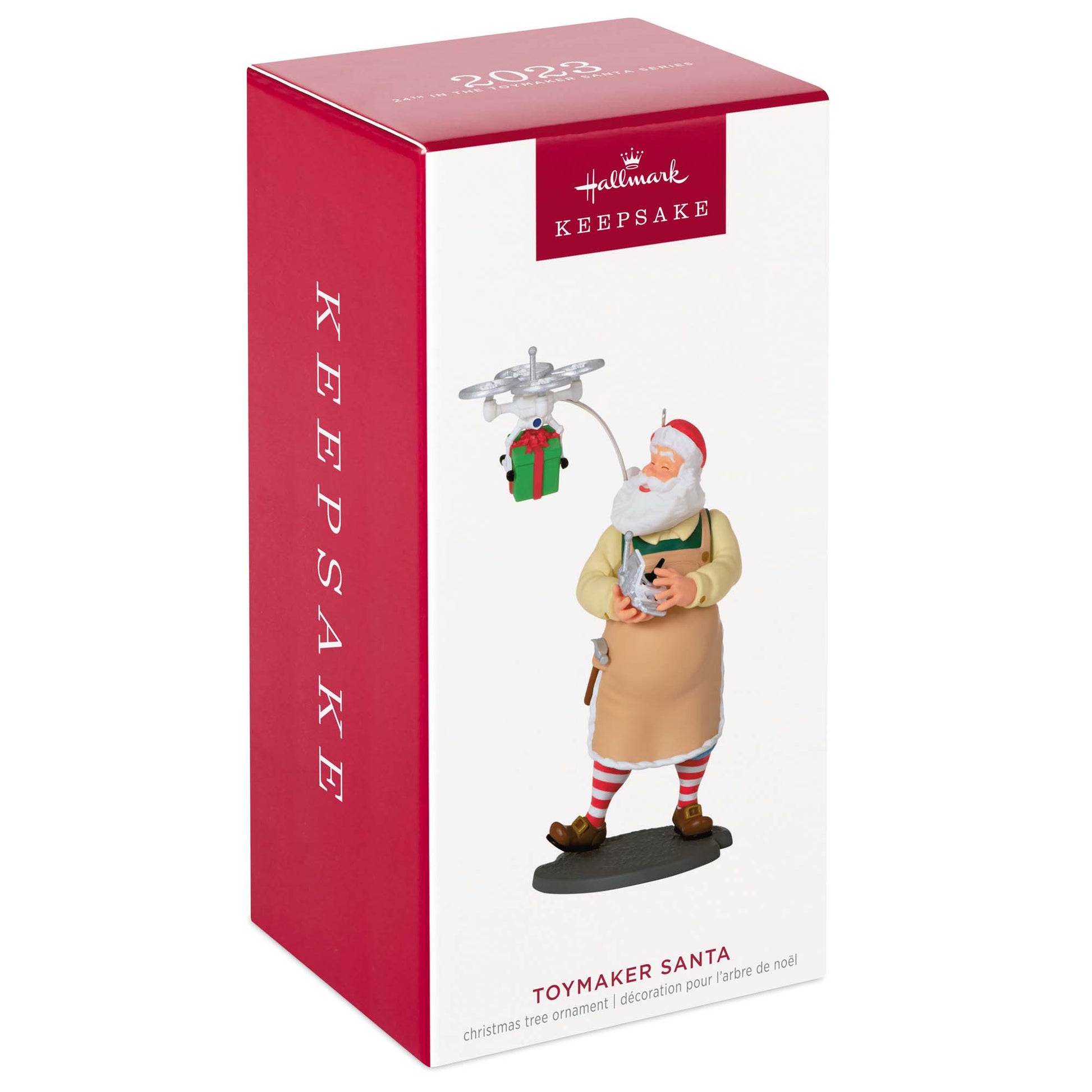 Toymaker Santa — Hallmark Keepsake Christmas Ornament in gift box with a drone and present, featuring vibrant colours and detailed craftsmanship.