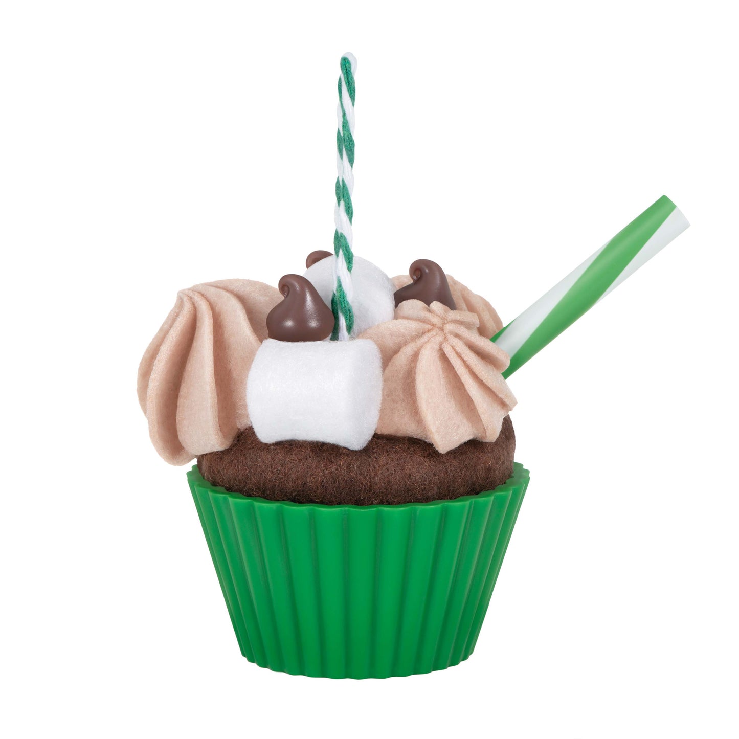 Christmas Cupcakes Cup of Cocoa — Hallmark Keepsake Christmas Ornament in a green cupcake liner, featuring chocolate frosting, marshmallows, and a straw.