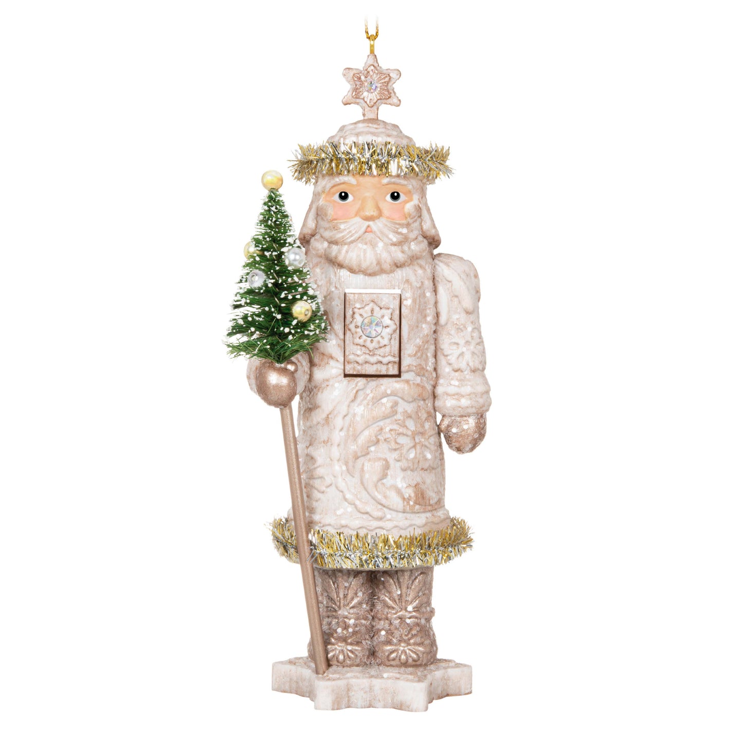 Noble Nutcrackers Earl of Snowfall — Hallmark Keepsake Christmas Ornament, white colour, holding a Christmas tree, standing on a snowflake base.