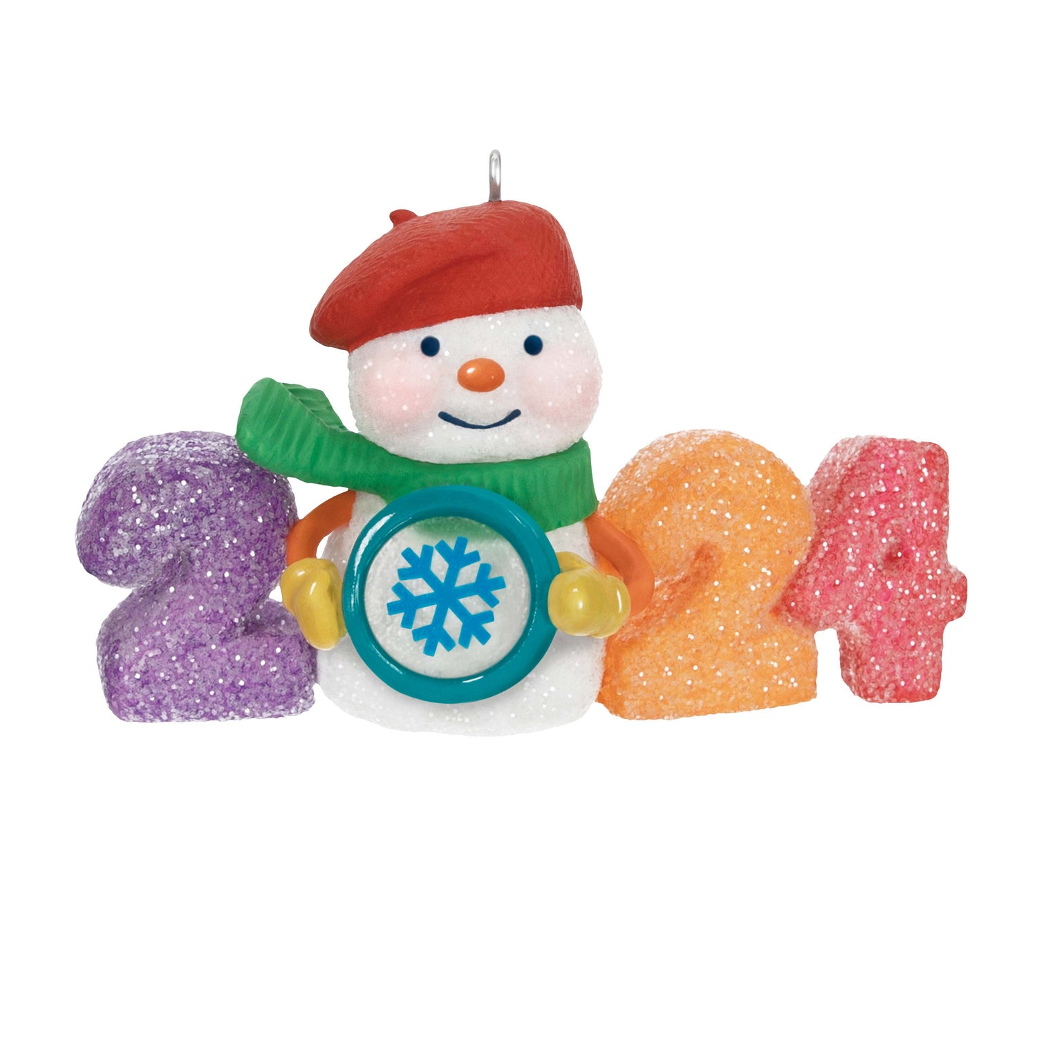 Sweet Decade — 2024 Hallmark Keepsake Christmas Ornament featuring a glittery snowman with colourful gumdrop numbers in a vibrant angled view.