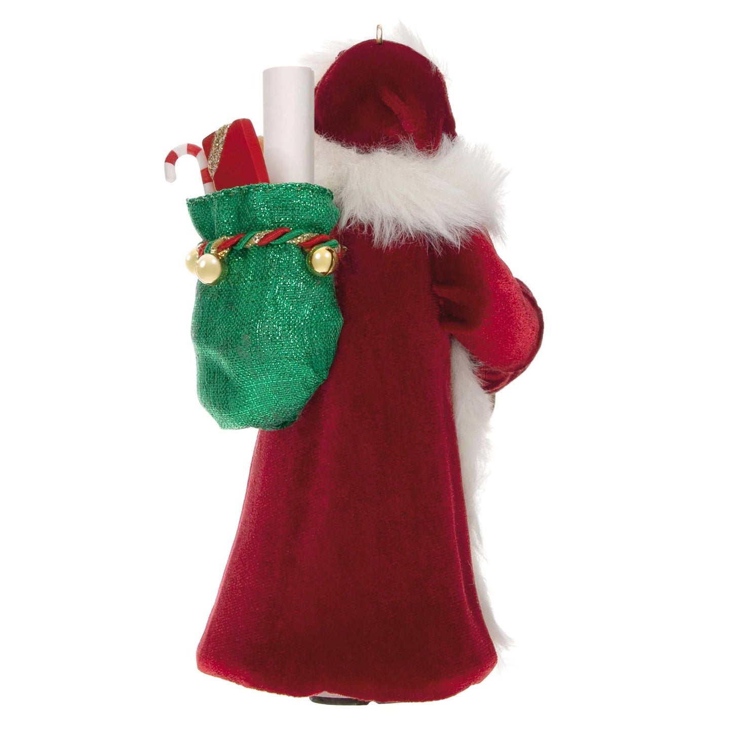 Father Christmas — Hallmark Keepsake Christmas Ornament, red faux fur coat, green toy sack with candy canes, back view.