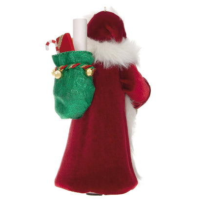 Father Christmas — Hallmark Keepsake Christmas Ornament, red faux fur coat, green toy sack with candy canes, back view.