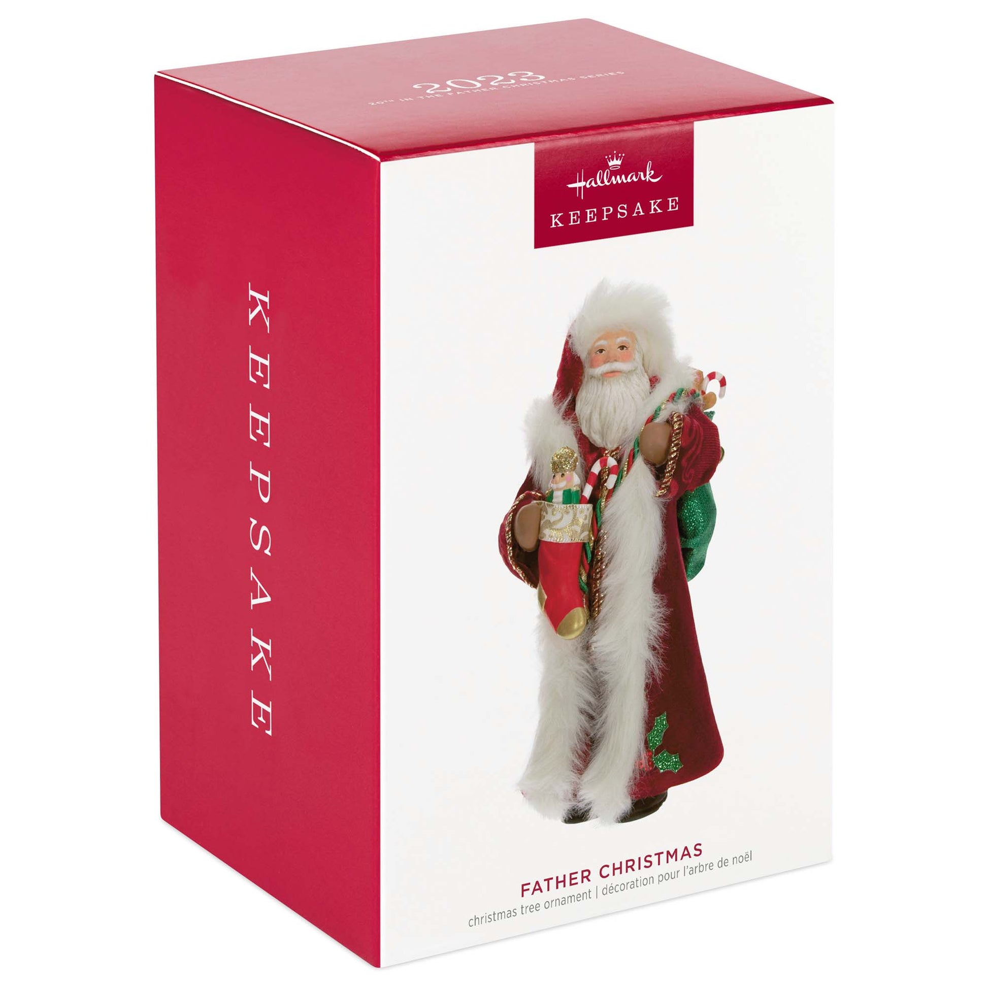 Father Christmas — Hallmark Keepsake Christmas Ornament packaging with vibrant red and white design, featuring Santa Claus holding stockings.