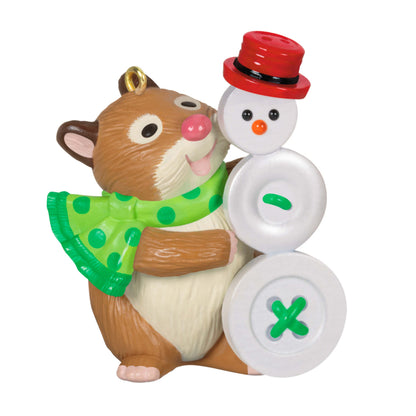 Cute as a Button — Hallmark Keepsake Christmas Ornament featuring a cheerful hamster in a green scarf with a button snowman.