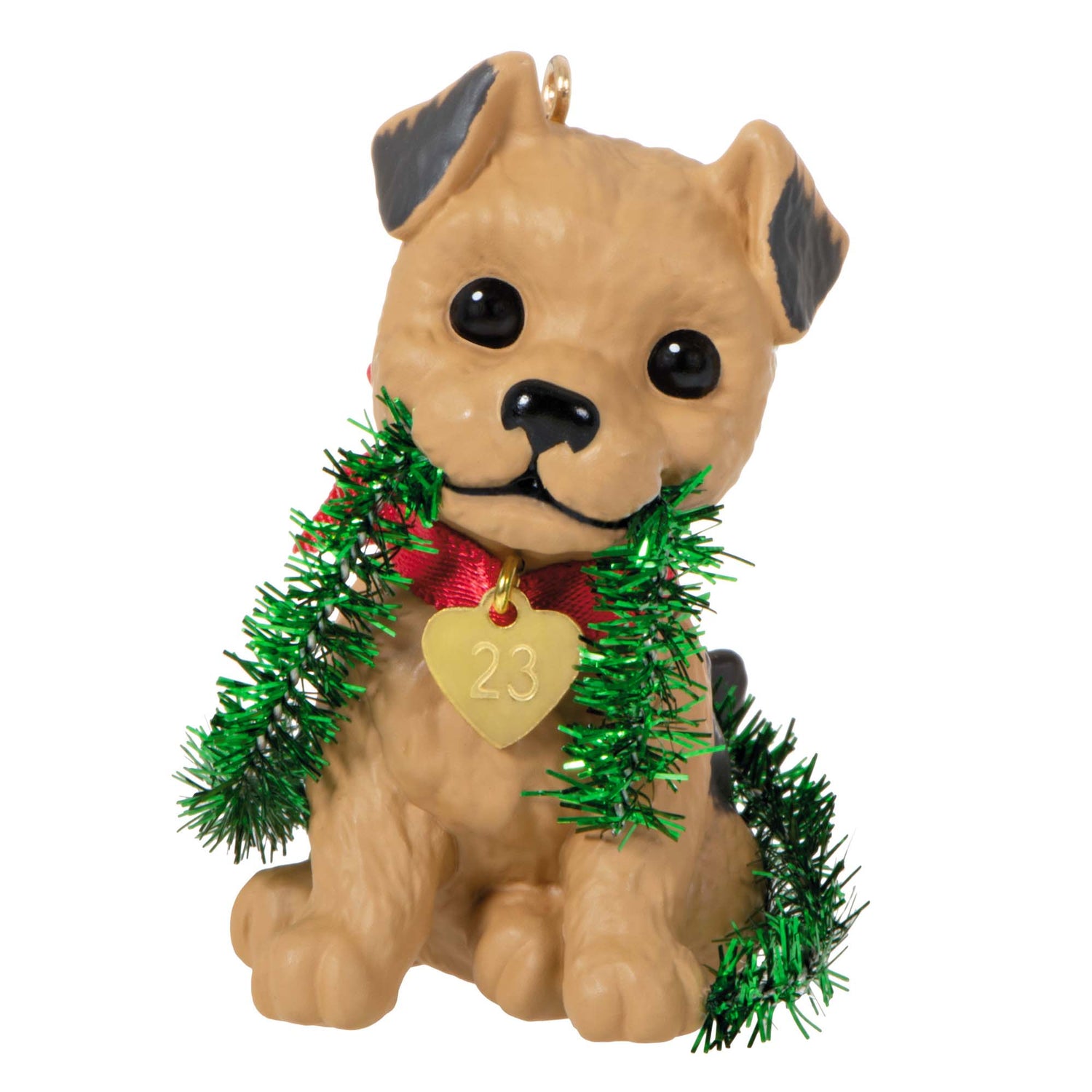 Puppy Love Terrier — Hallmark Keepsake Christmas Ornament featuring a cute tan puppy with tinsel garland and a heart charm, 2023.