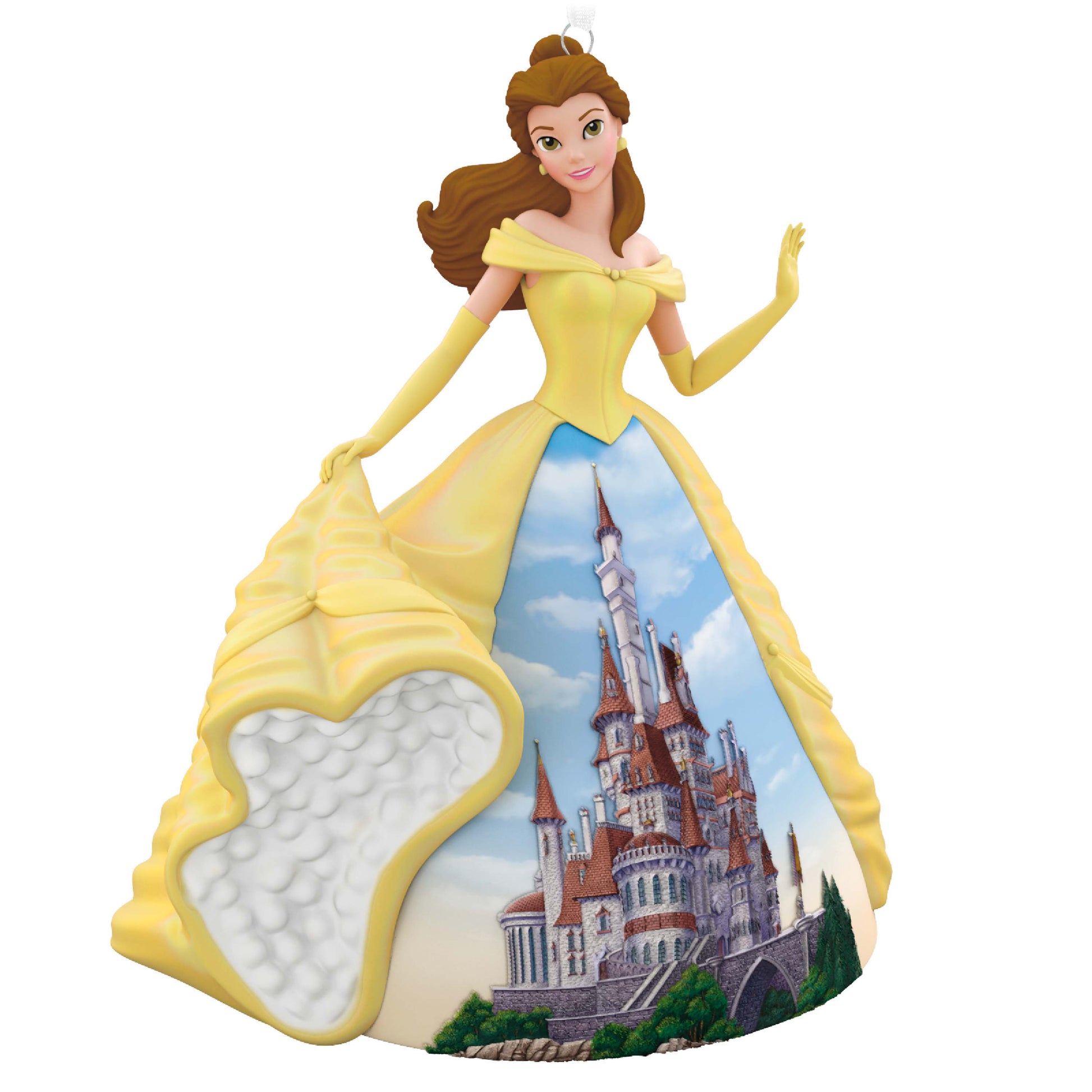 Disney Princess, Celebration Belle (Porcelain) — Hallmark Keepsake Christmas Ornament featuring Belle in a yellow gown with the Beast's castle.
