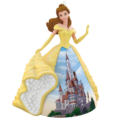 Disney Princess, Celebration Belle (Porcelain) — Hallmark Keepsake Christmas Ornament featuring Belle in a yellow gown with the Beast's castle.