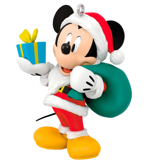 Disney All About Mickey! Santa Mickey — Hallmark Keepsake Christmas Ornament, detailed figurine, vibrant colours, carrying a gift and a sack.