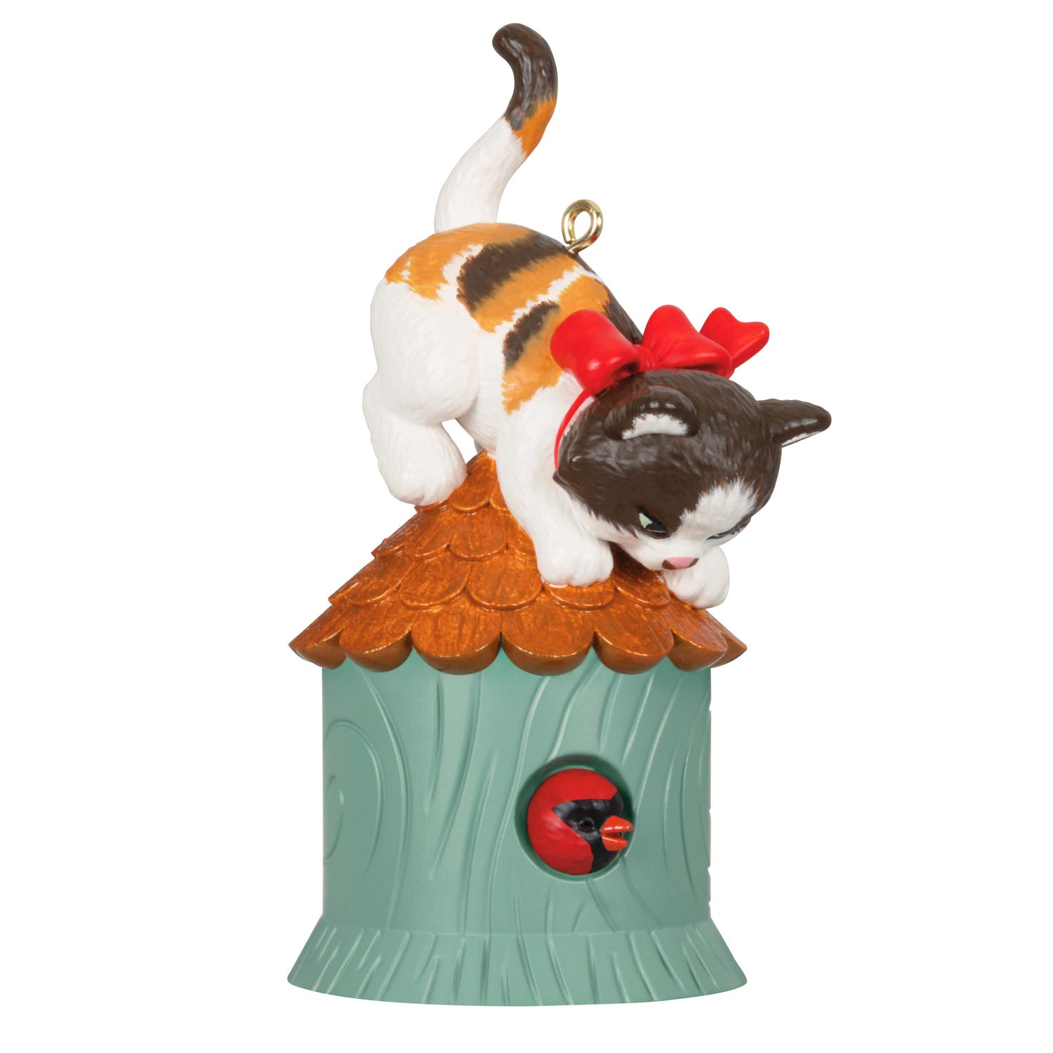 Mischievous Kittens — Hallmark Keepsake Christmas Ornament, calico kitten atop a birdhouse, detailed red bow, playful pose.