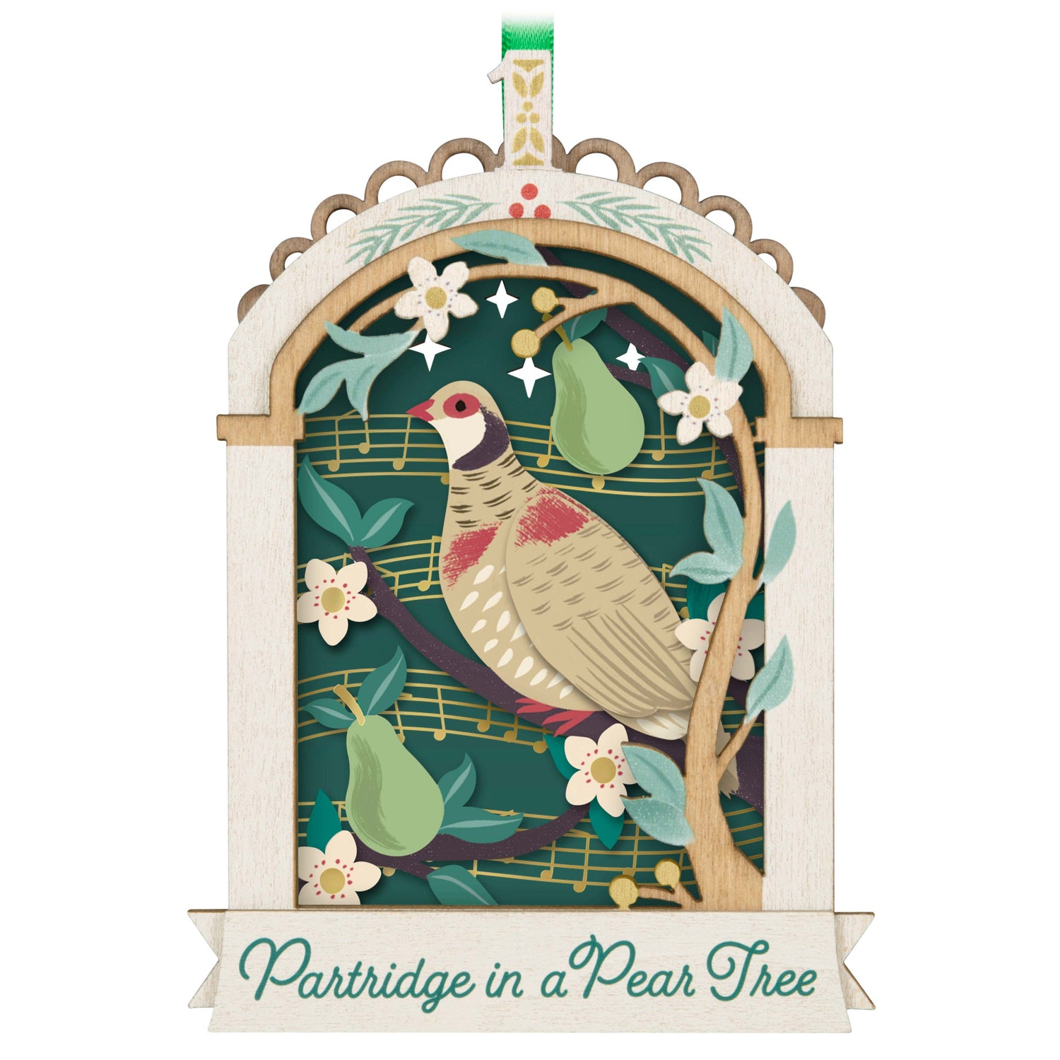 Twelve Days of Christmas Papercraft — Hallmark Keepsake Christmas Ornament featuring a partridge and pear scene in a wooden frame, close-up view.