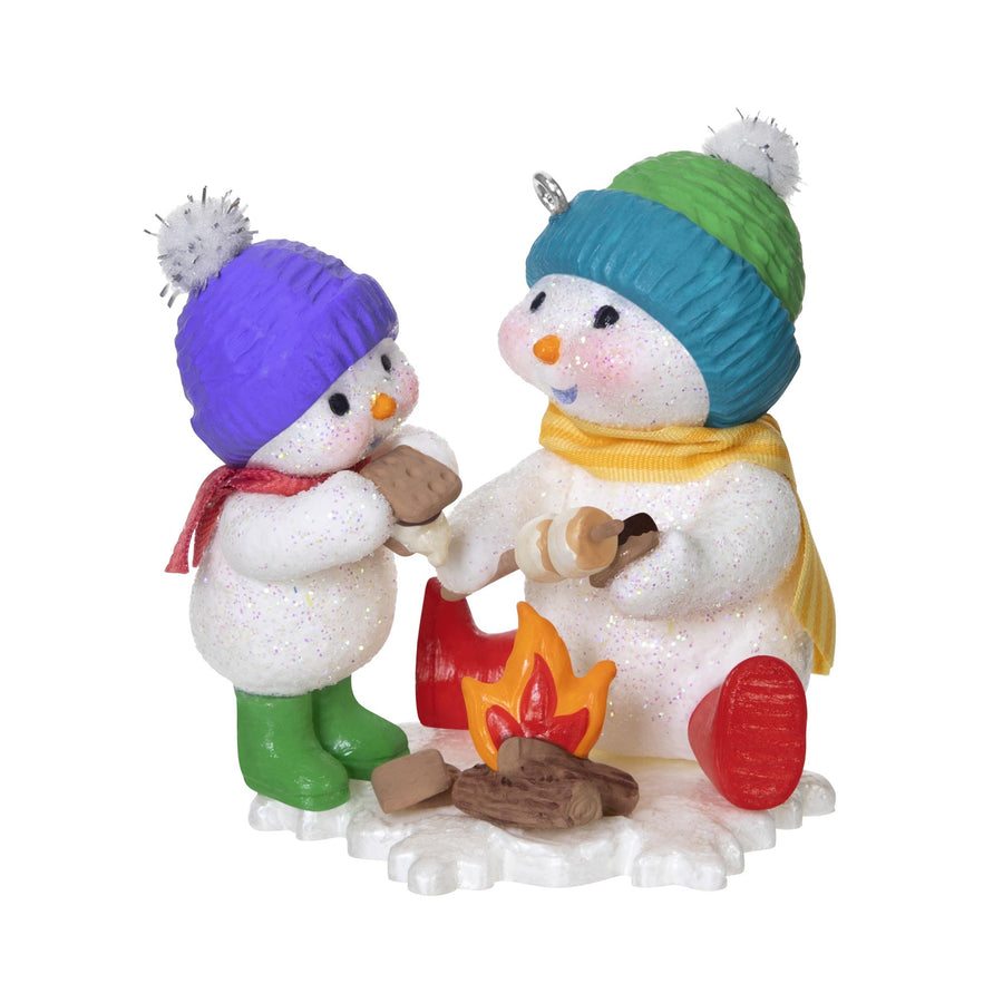 Scrumptious S'mores, 18th in the Making Memories Series — 2025 Hallmark Keepsake Christmas Ornament, featuring snowmen roasting marshmallows over a campfire.