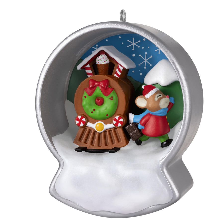 Cookie Cutter Christmas, 14th in the Series — 2025 Hallmark Keepsake Christmas Ornament, silver snow globe with festive mouse and gingerbread train scene.