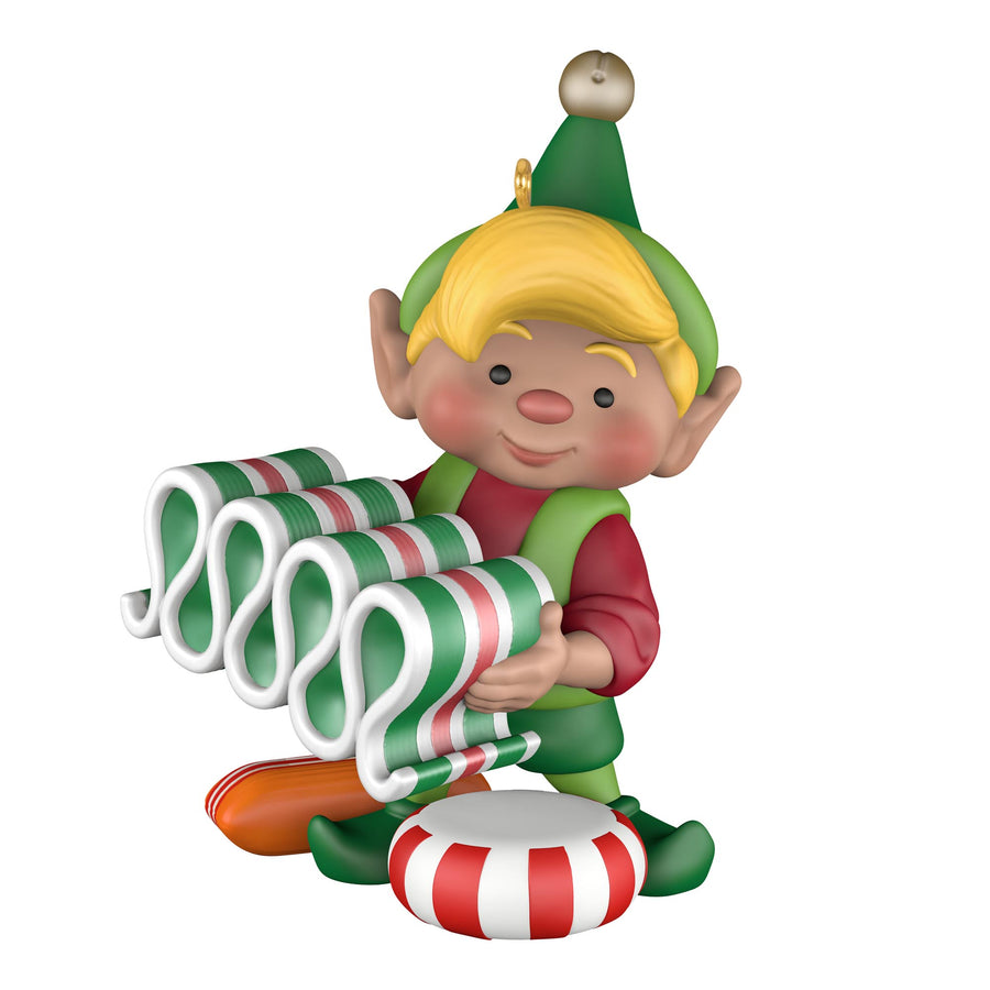 North Pole Tree Trimmers, 13th in the Series — 2025 Hallmark Keepsake Christmas Ornament, festive elf with candy.