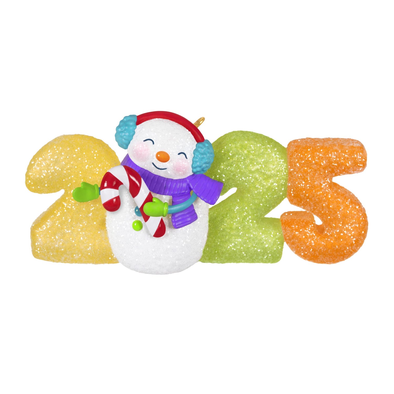 Sweet Decade, 6th in the Series — 2025 Hallmark Keepsake Christmas Ornament featuring a glittery snowman with candy cane, bright gumdrop numbers, and vibrant colours.