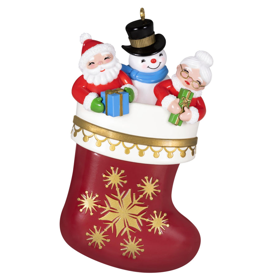 Stocking Stuffers 5th in the Series — 2025 Hallmark Keepsake Christmas Ornament, festive design, Santa, snowman, and Mrs. Claus in a red stocking.