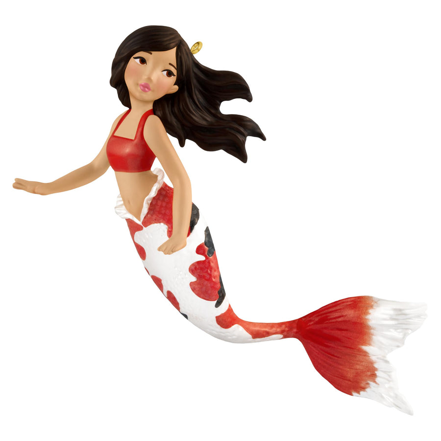 Mythical Mermaids, 3rd in the Series — 2025 Hallmark Keepsake Christmas Ornament, brunette mermaid with a red and white tail, side view
