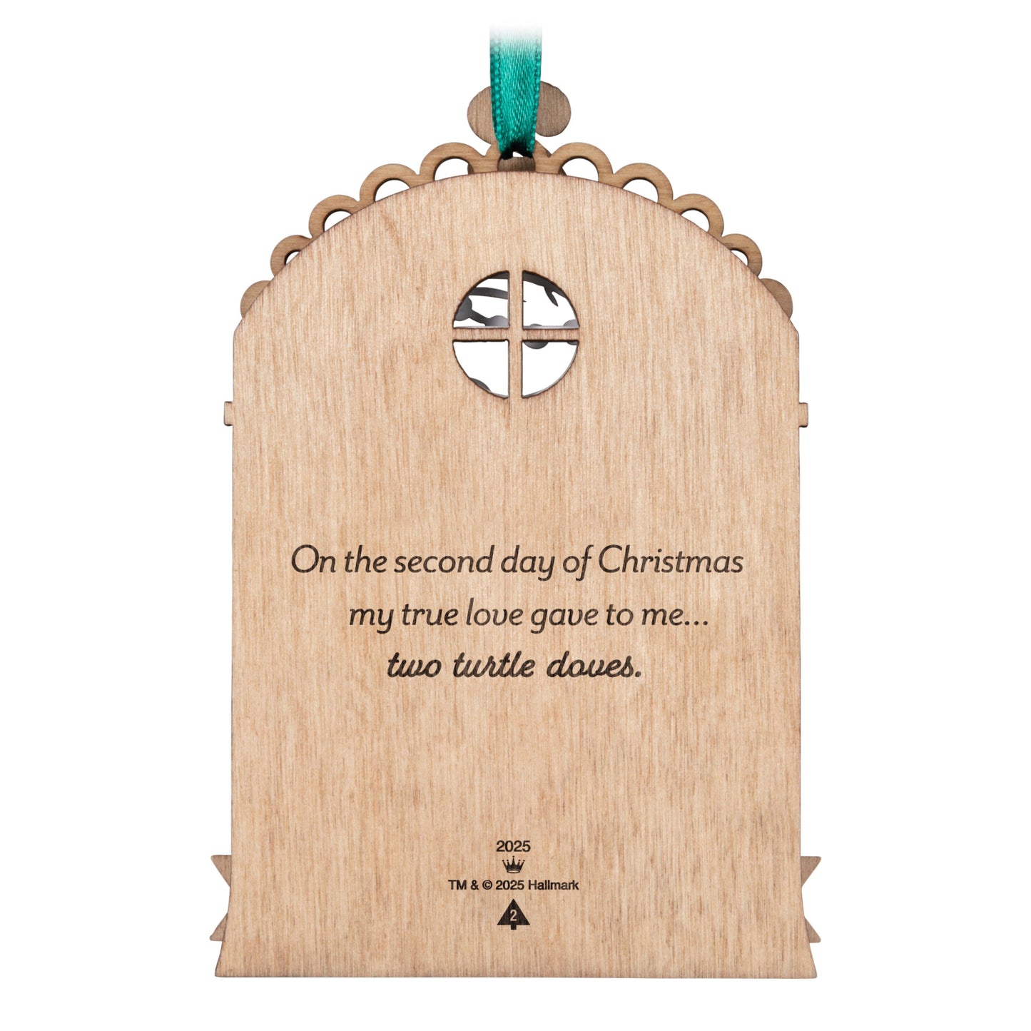 Twelve Days of Christmas, 2nd in the Series — 2025 Hallmark Keepsake Christmas Ornament, laser-cut wood back featuring verse on two turtle doves.