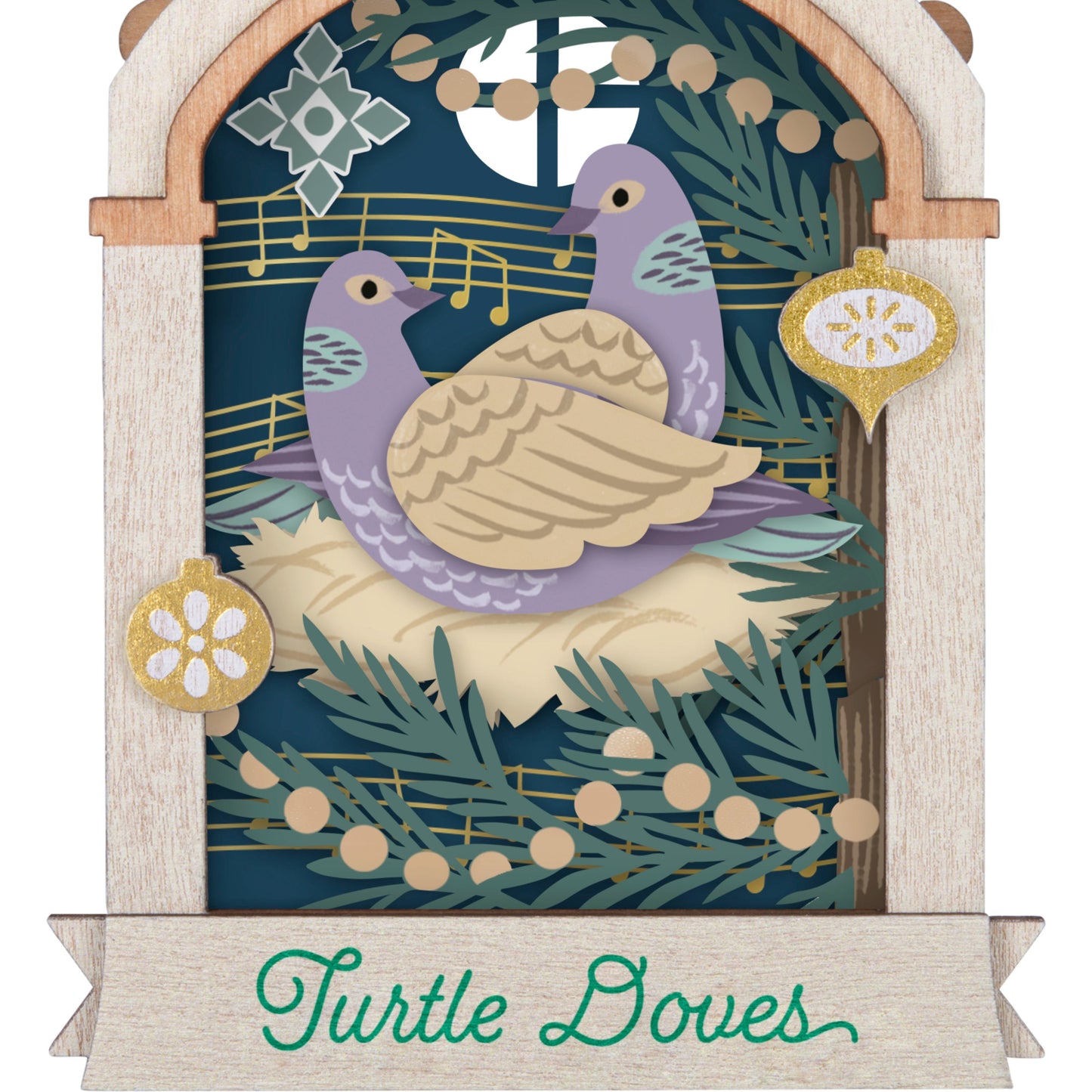 Twelve Days of Christmas, 2nd in the Series — 2025 Hallmark Keepsake Christmas Ornament featuring turtle doves in a laser-cut wood frame with musical notes.