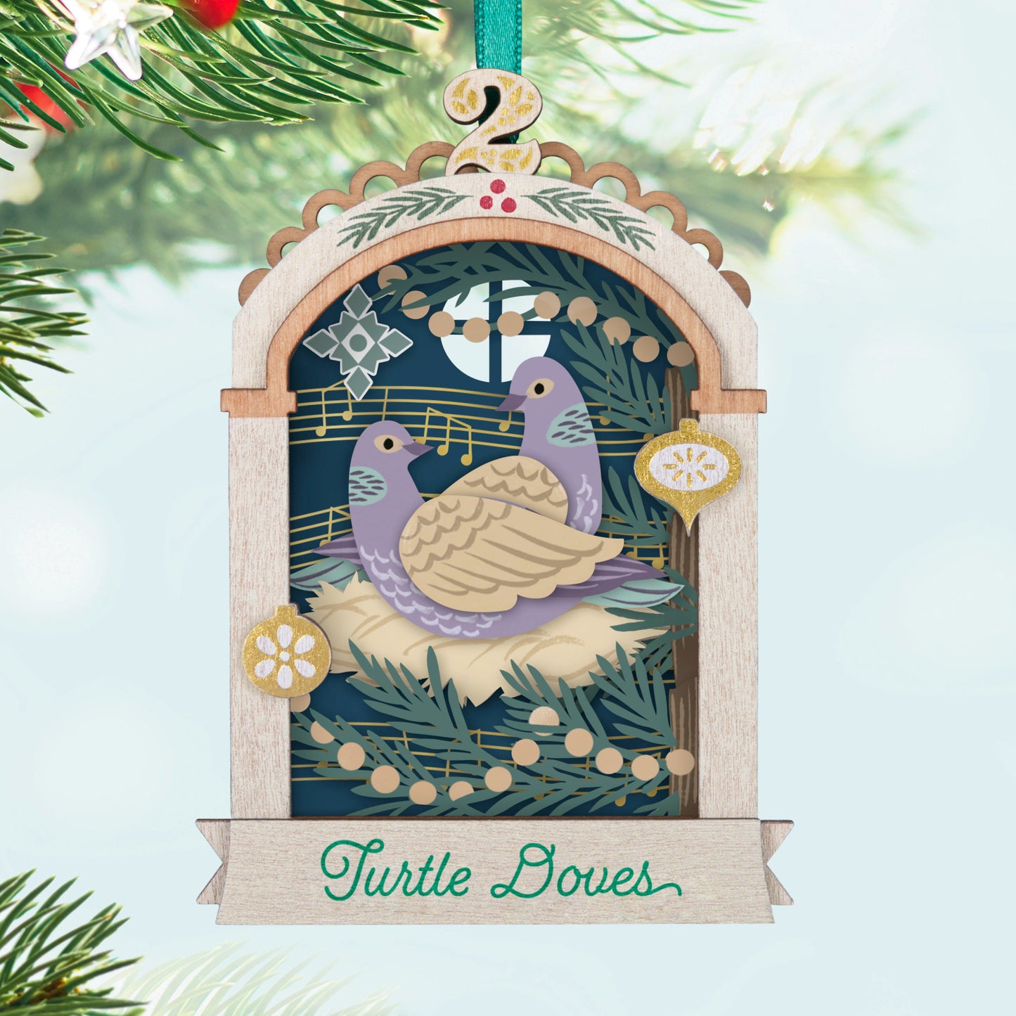 Twelve Days of Christmas, 2nd in the Series — 2025 Hallmark Keepsake Christmas Ornament featuring Turtle Doves in a detailed laser-cut wood frame.