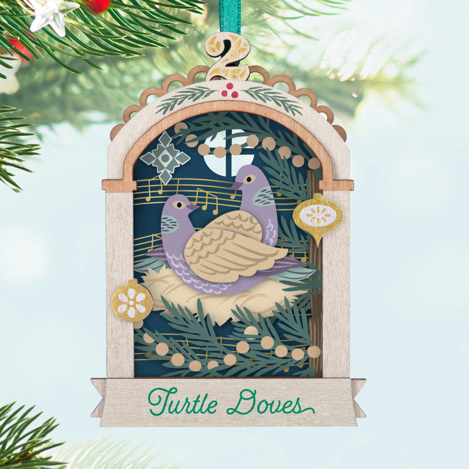 Twelve Days of Christmas, 2nd in the Series — 2025 Hallmark Keepsake Christmas Ornament featuring Turtle Doves in a detailed laser-cut wood frame.