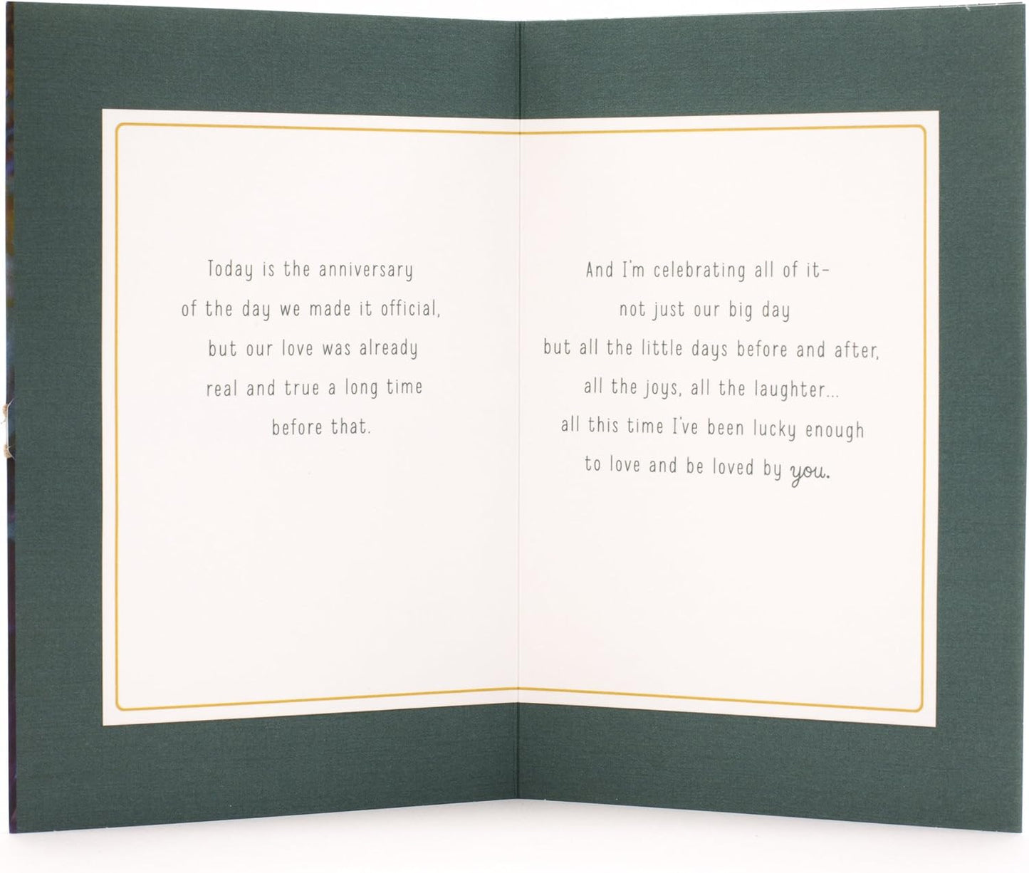 Hallmark Our Anniversary Card Celebrating us Love, Celebrating us (499RZB1025) inside view displaying heartfelt anniversary message on a white background.