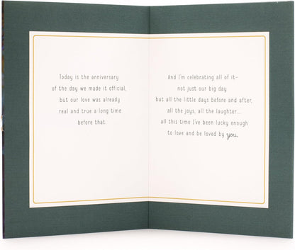 Hallmark Our Anniversary Card Celebrating us Love, Celebrating us (499RZB1025) inside view displaying heartfelt anniversary message on a white background.