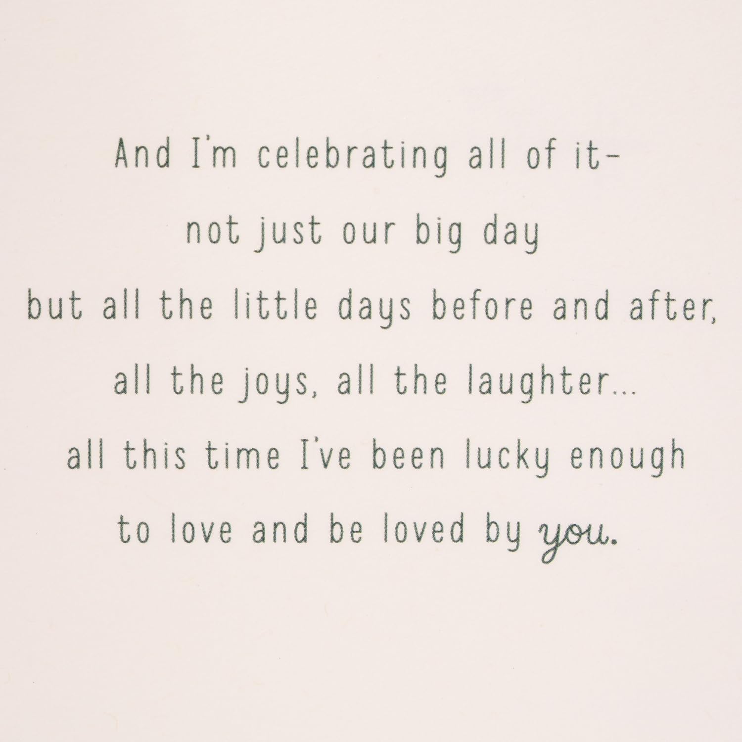 Hallmark Our Anniversary Card Celebrating us Love, Celebrating us (499RZB1025) inside message with heartfelt text in green typography.