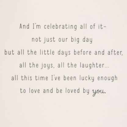 Hallmark Our Anniversary Card Celebrating us Love, Celebrating us (499RZB1025) inside message with heartfelt text in green typography.